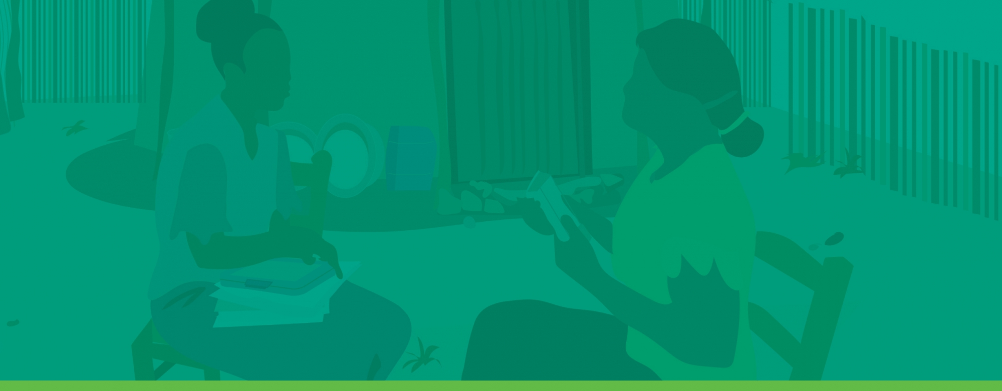 Illustration of two women seated outside and talking